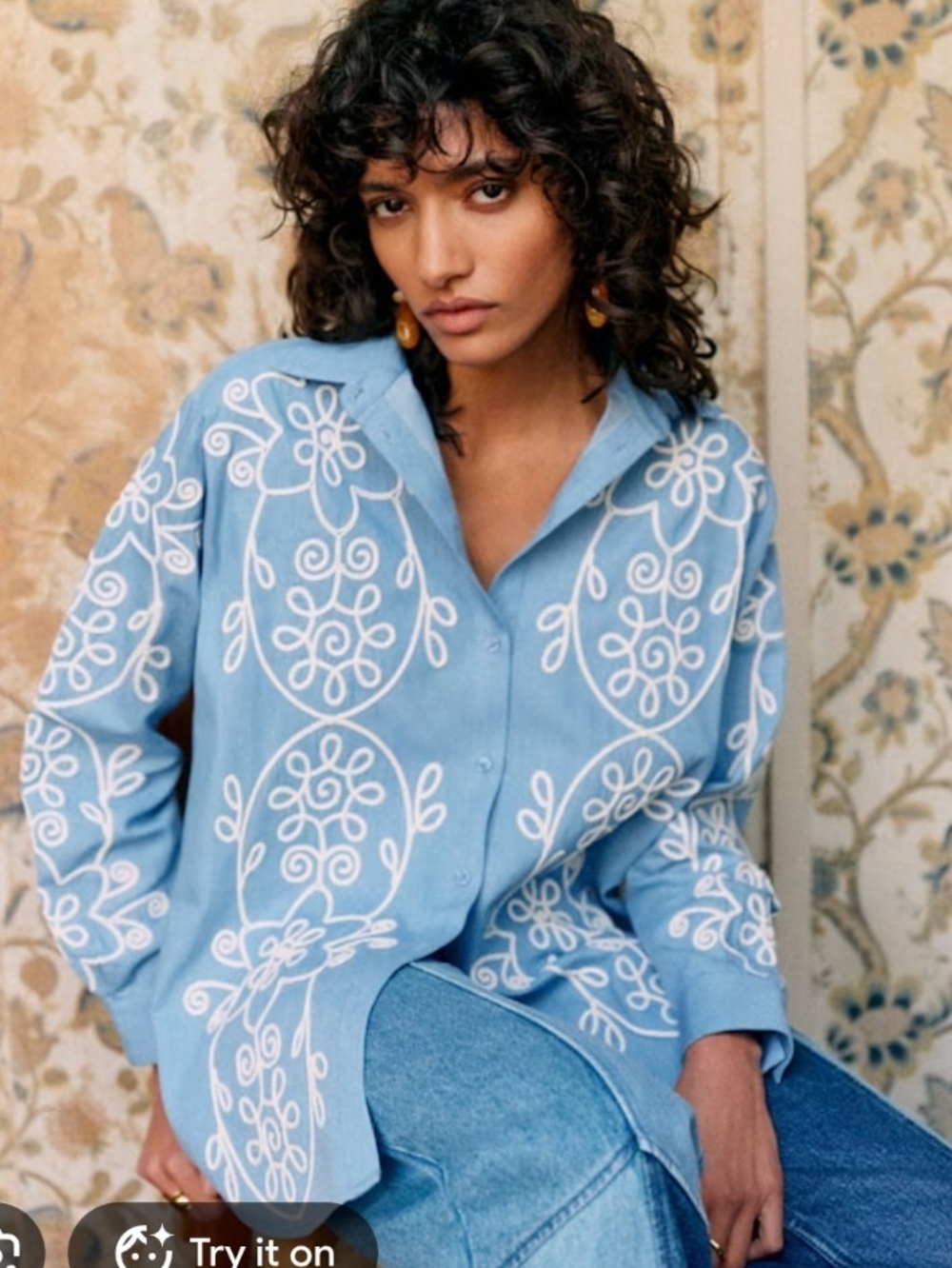 NWT Sezane X Lucia Vergara Chambray Embroidered Maxy Shirt Size 6